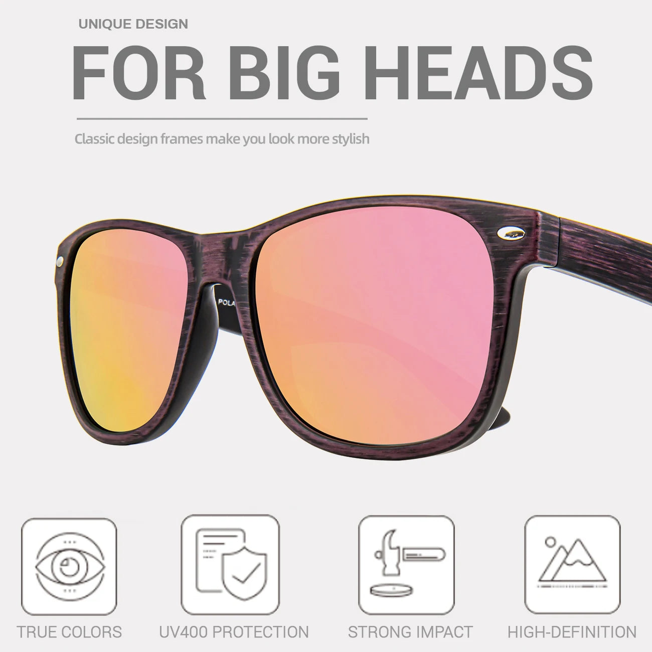 Juli polarized sunglasses for big heads men&women,uv 400 protection wood grain frame 8809 - a4 grain-pink / china