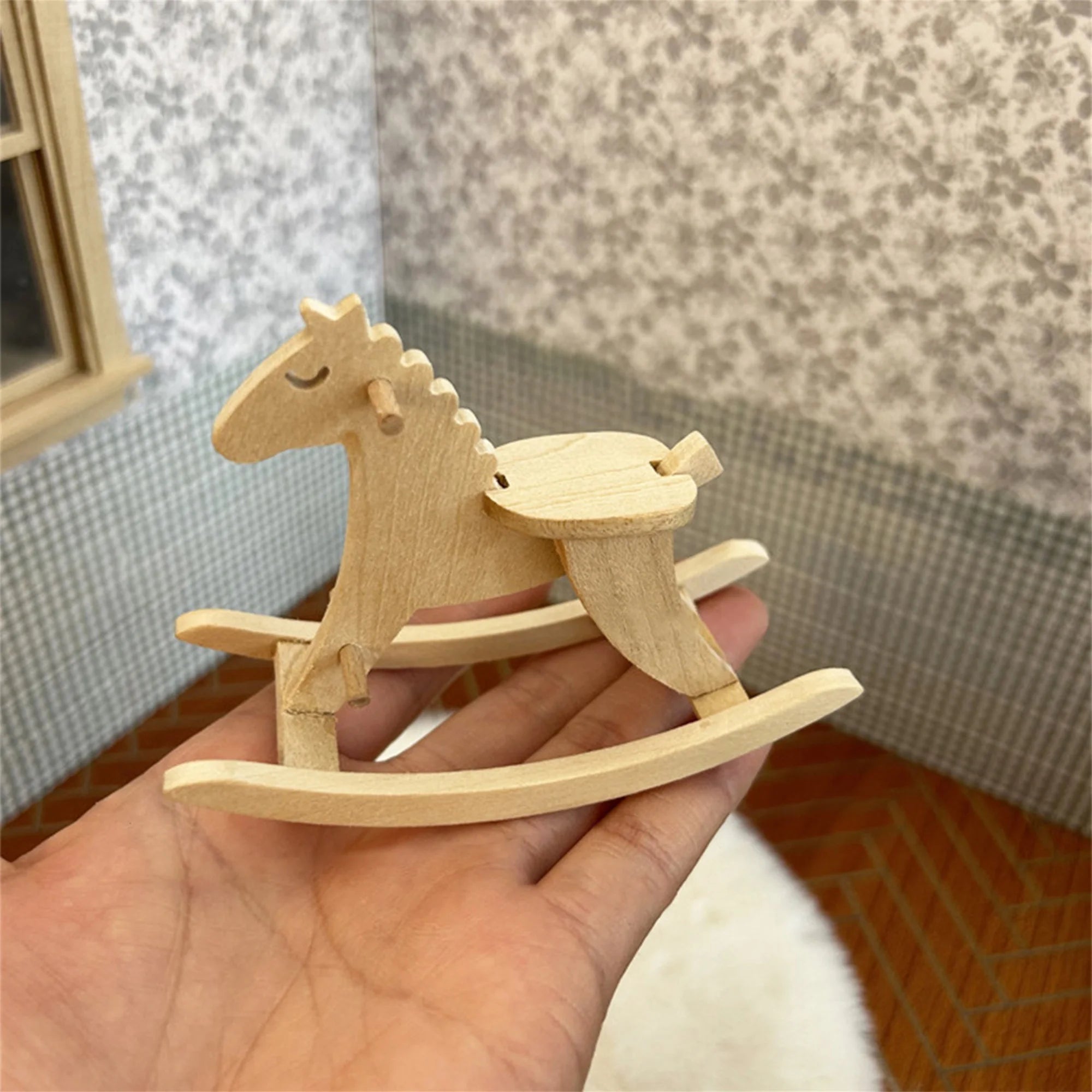 Vintage wooden rocking horse miniature figurine for dollhouse decor and photo props in mini scene shooting - light