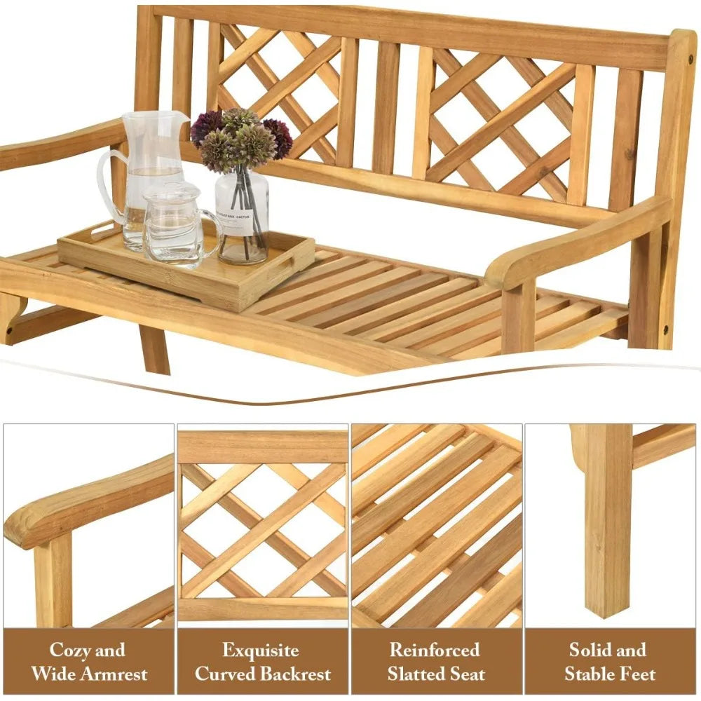 4 ft foldable outdoor bench acacia wood outside loveseat with curved backrest and armrest 705lbs weight capacity