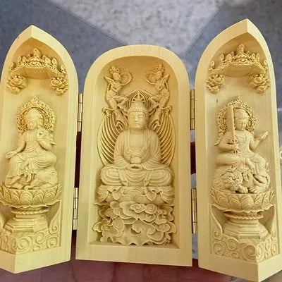Solid wood carving three open buddha statue collapsible sculpture living room and bedroom decoration modern art - 17