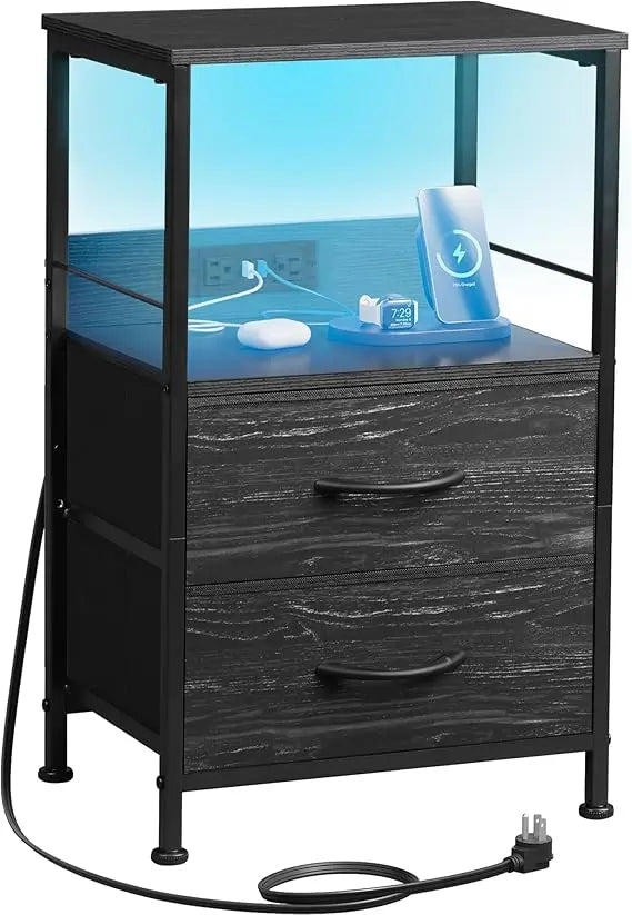 Night stand with charger station black nightstand 2 fabric drawers and storage shelf led bedside table bedroom small en