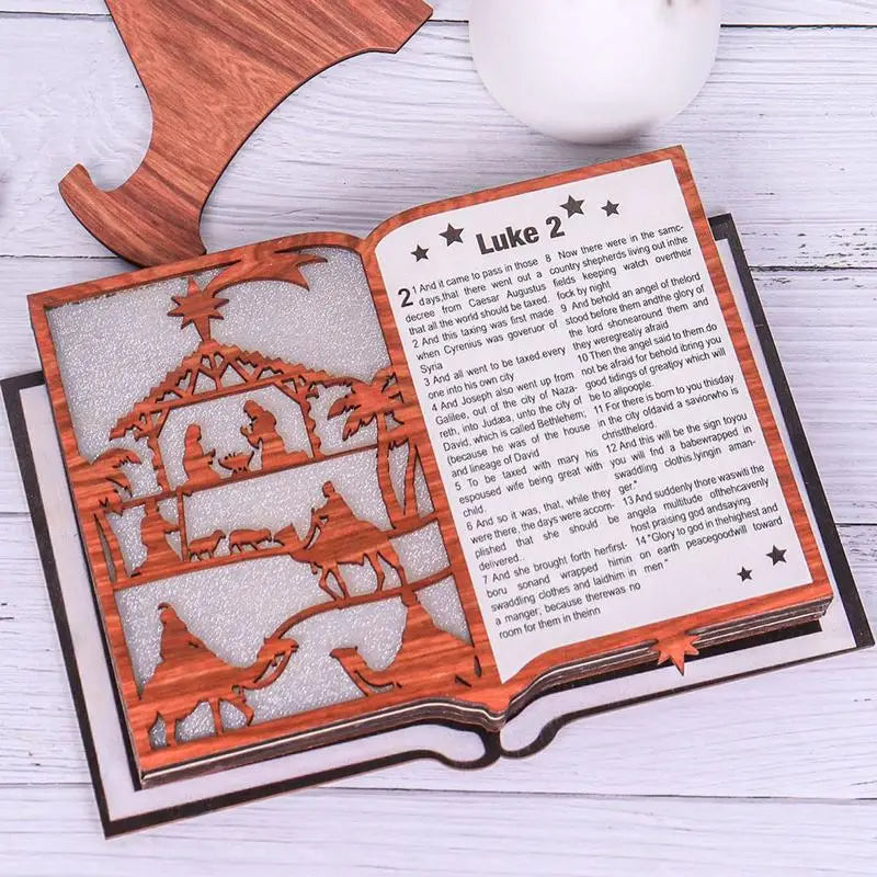 Christmas nativity scene figurine wood stand book bible with led light wooden home creative art craft festive