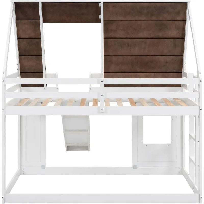 Twin over house bunk bed frame with roof,window,ladder and slide for boys girls white & brown home kitchen - united