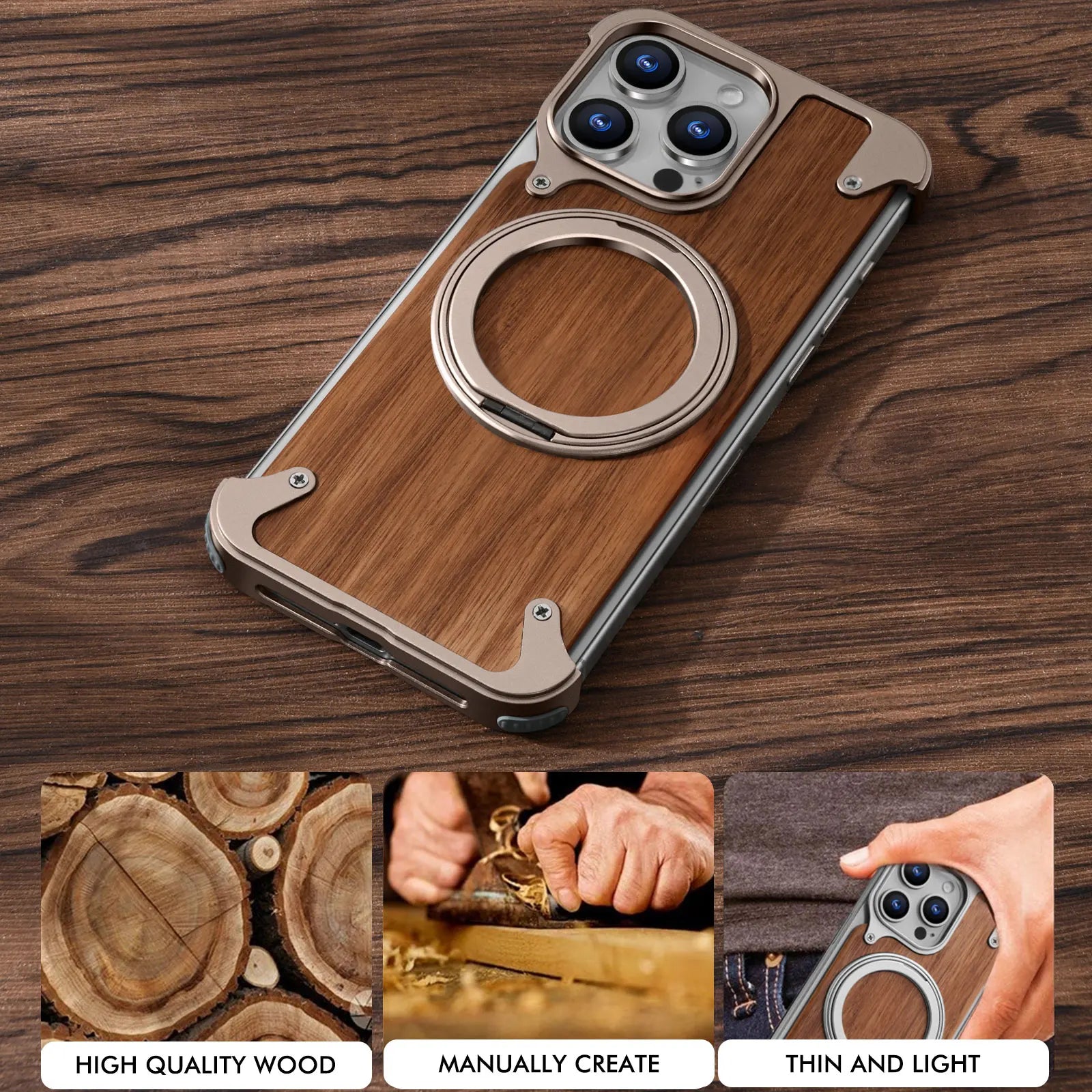 Eary solid wood phone case for iphone 17 16 15 14 pro max with magsafe 360 rotatable stand shockproof protective cover