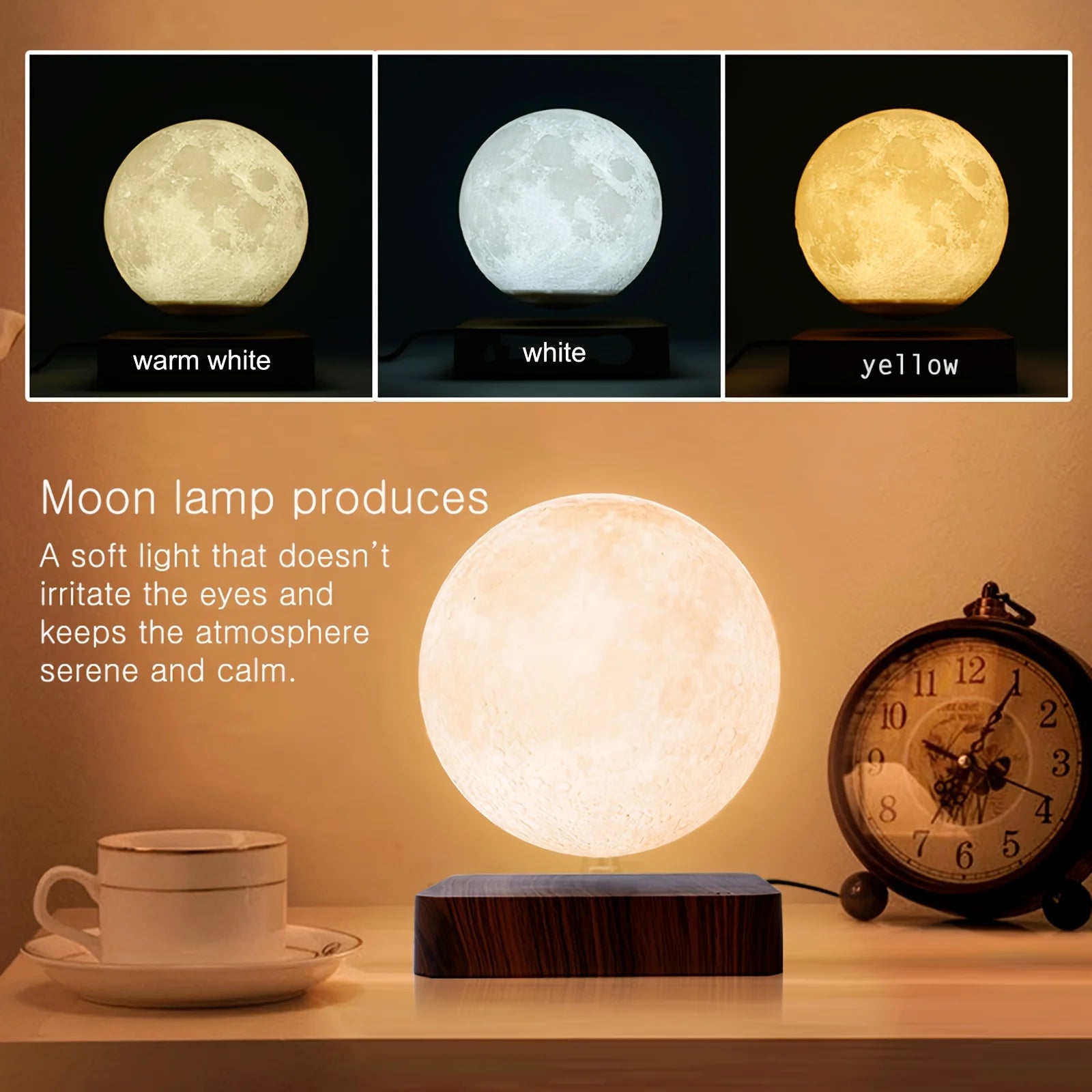 Magnetic floating rotating moon lamp with wooden base 3 color temperature led night lights of print 3d for unique gifts