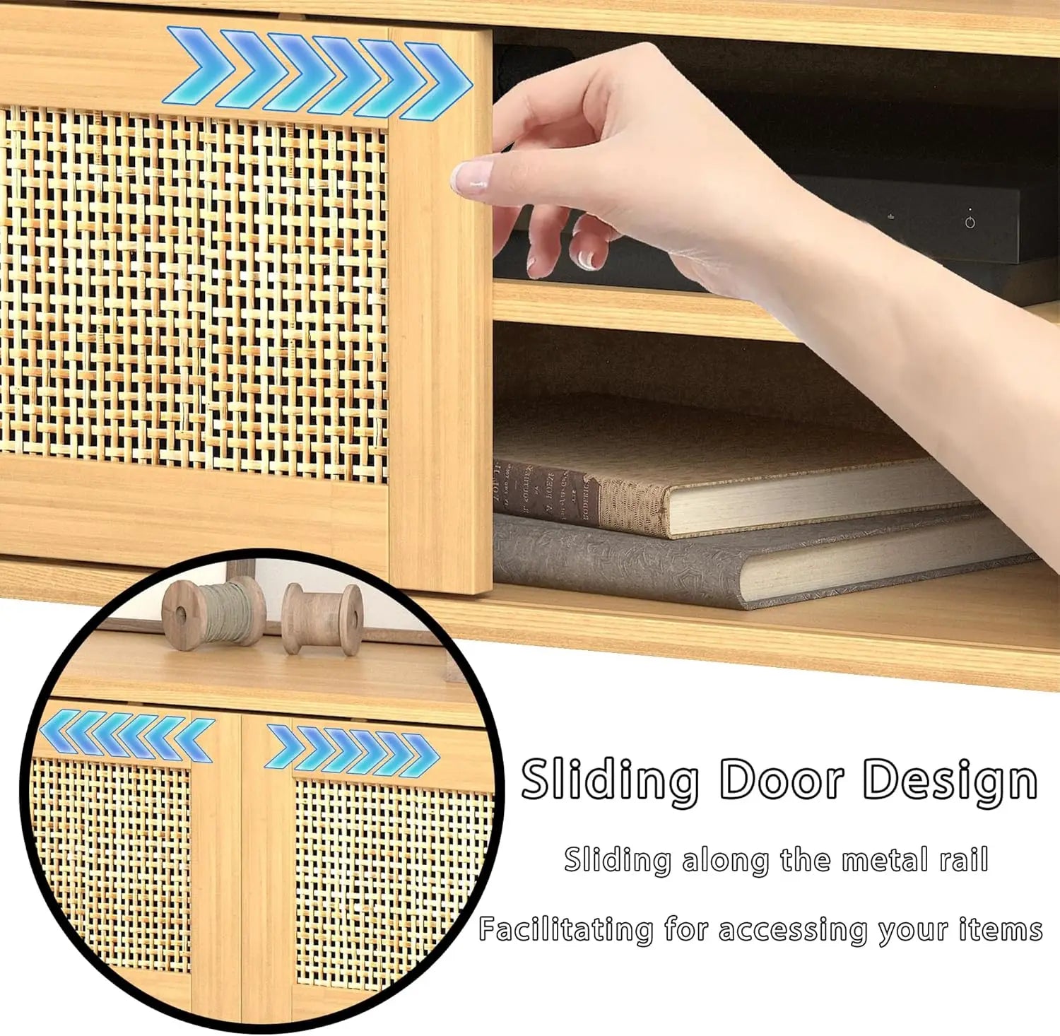 Boho tv stand for 55 65 inch rattan entertainment center with shelves cabinets and sliding doors media console table