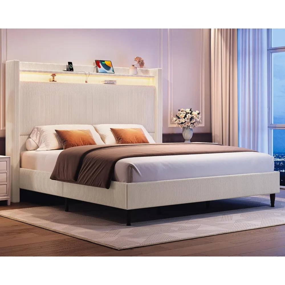 King size upholstered platform bed frame with tall headboard 55.3’’ corduroy led lighted charging station - cream