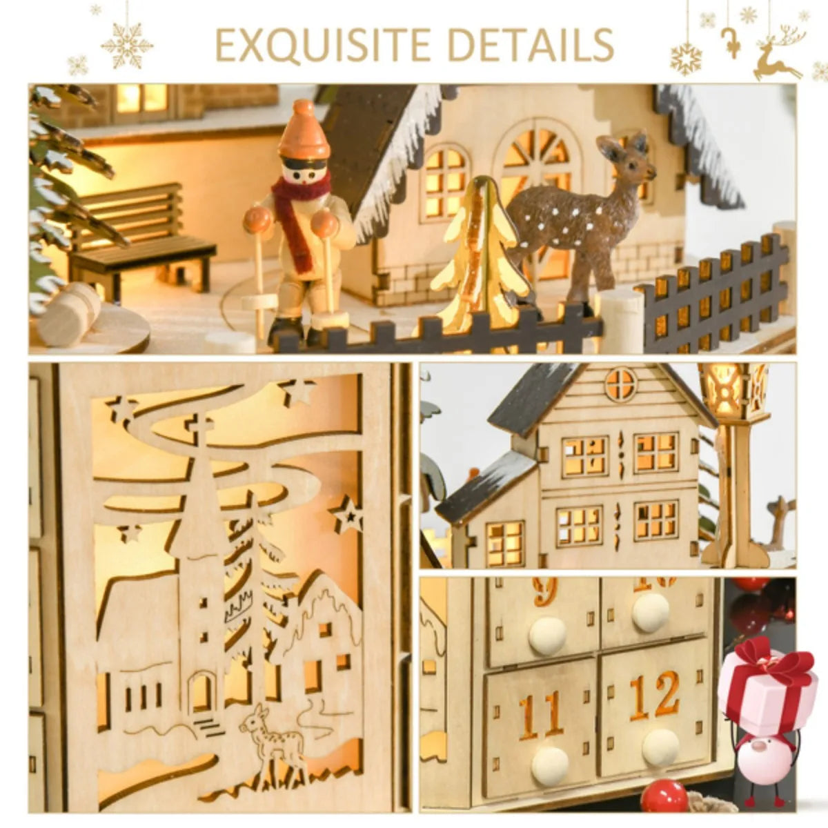 Handmade wooden advent calendar 24 day countdown with musical village scene decoration xmas party - as show / m