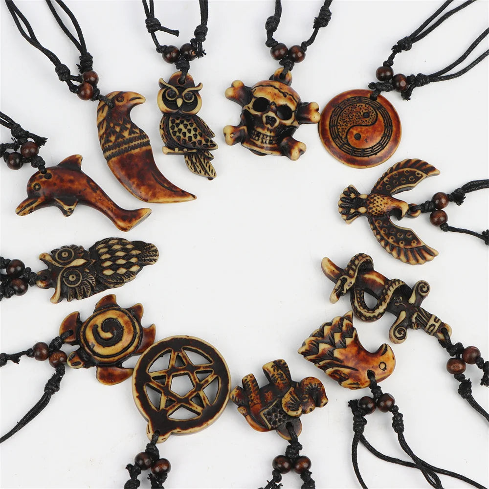 20pcs/lot vintage punk style wooden necklace owl turtle men women beaded pendant choker sweater dress neck jewelry