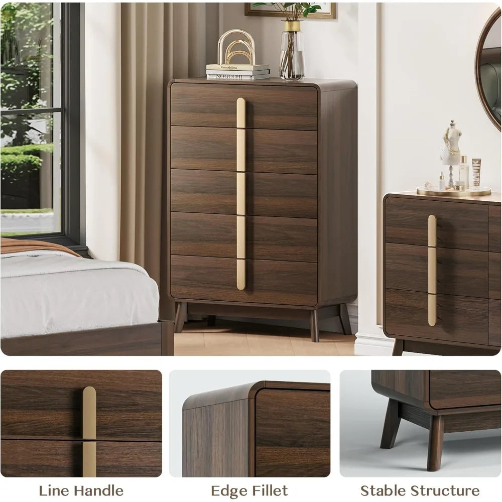 Dresser for bedroom with 5 drawers,mid century modern storage,tall chest of drawers metal handles,large