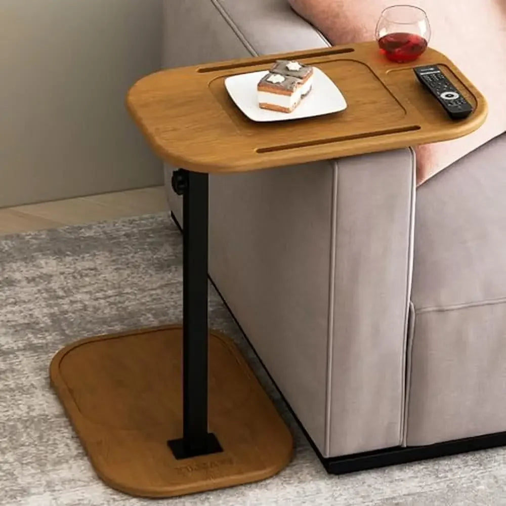 Adjustable height c shaped end table small spaces sofa side with swivel tv tray phone slot natural wood base easy