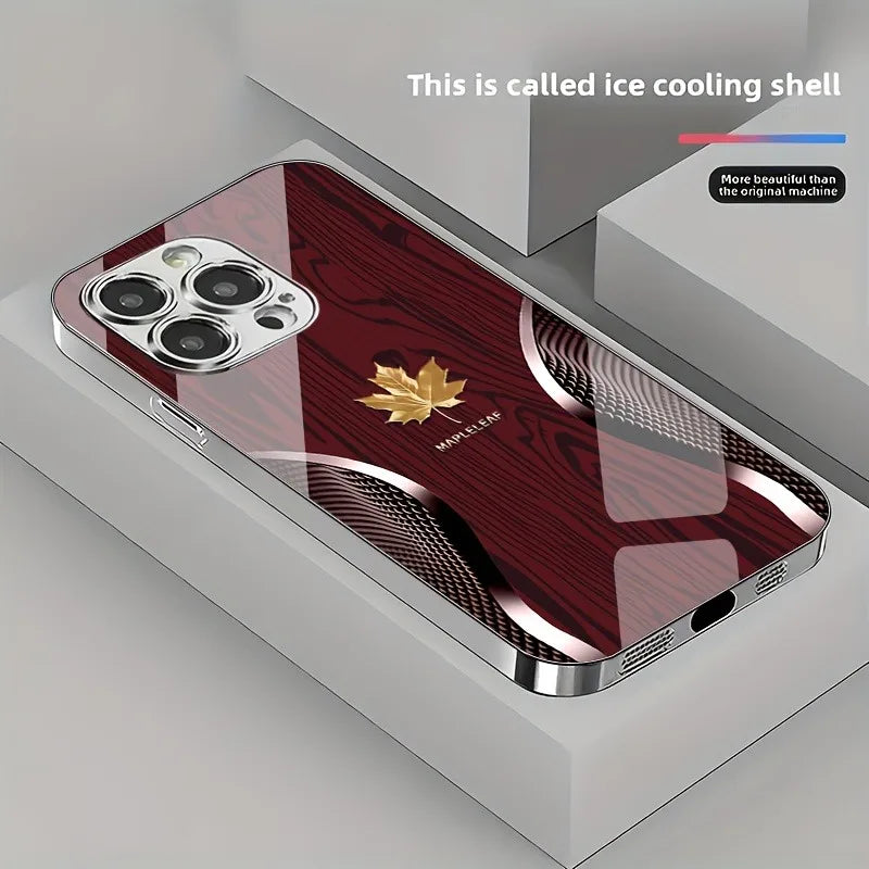 Gold maple leaf wood grain curve pattern phone case for iphone 17 16 15 14 13 12 11 pro max plus 16e air tempered glass