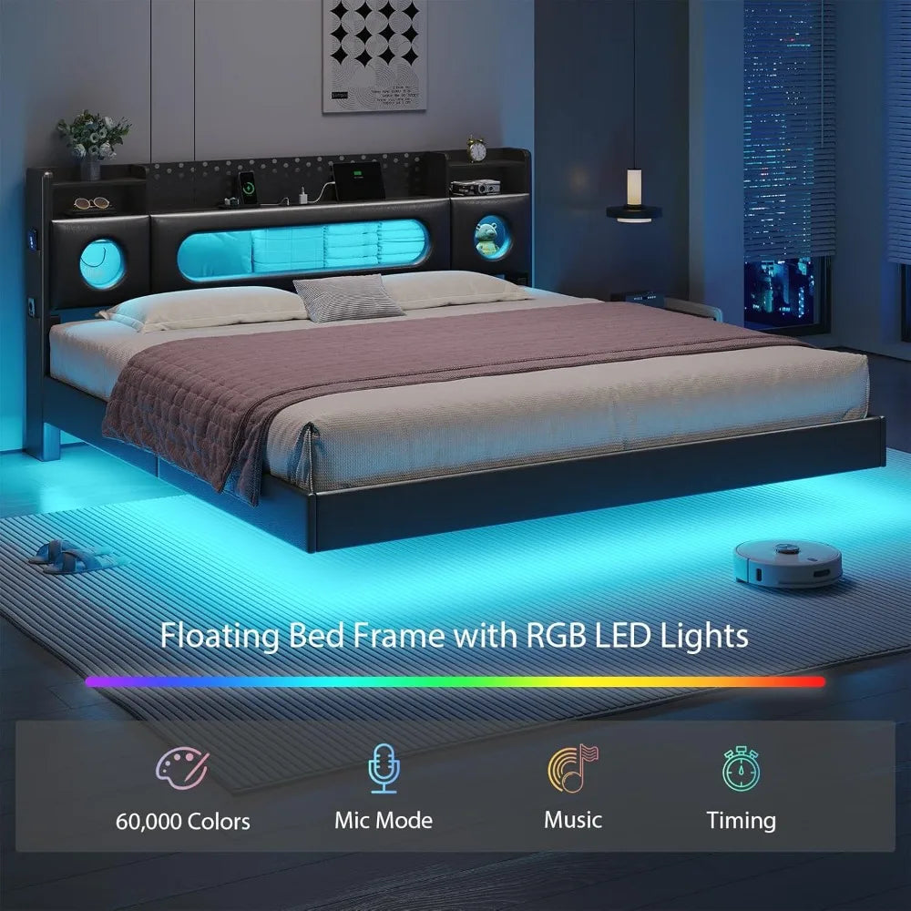 Floating bed frame king with storage & headboard,platform led lights upholstered size hea - black / united states