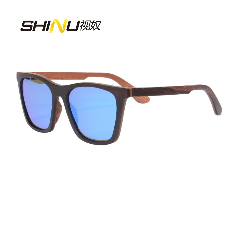 Wooden frame sunglasses men polarized fishing glasses cycling wood eyeglasses - ice blue lens / multi