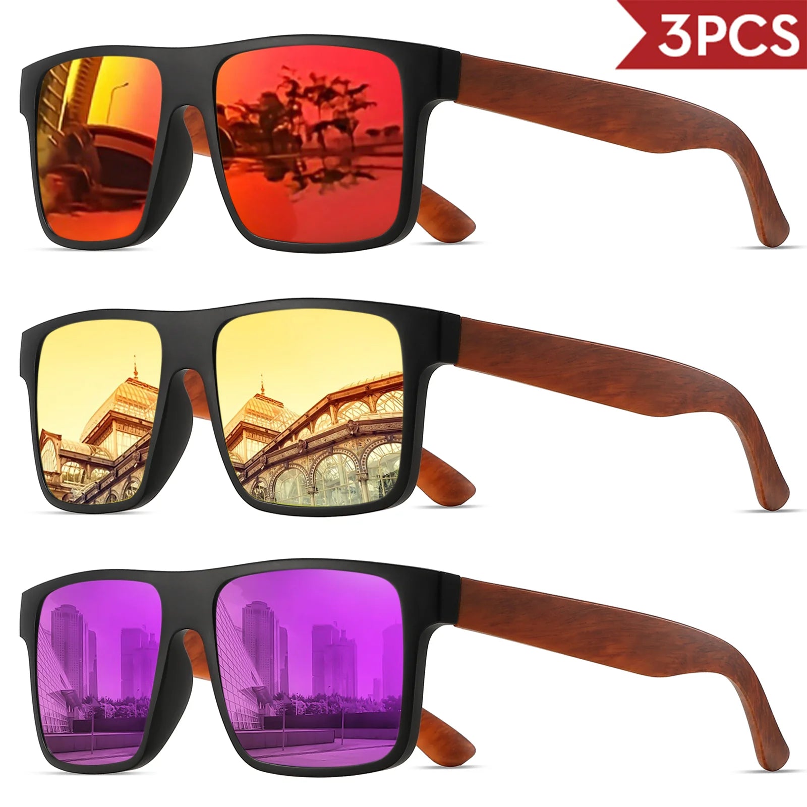 3pcs polarized retro square sunglasses - mahogany wood grain temples & spring hinges uv400 for driving/travel/outdoor