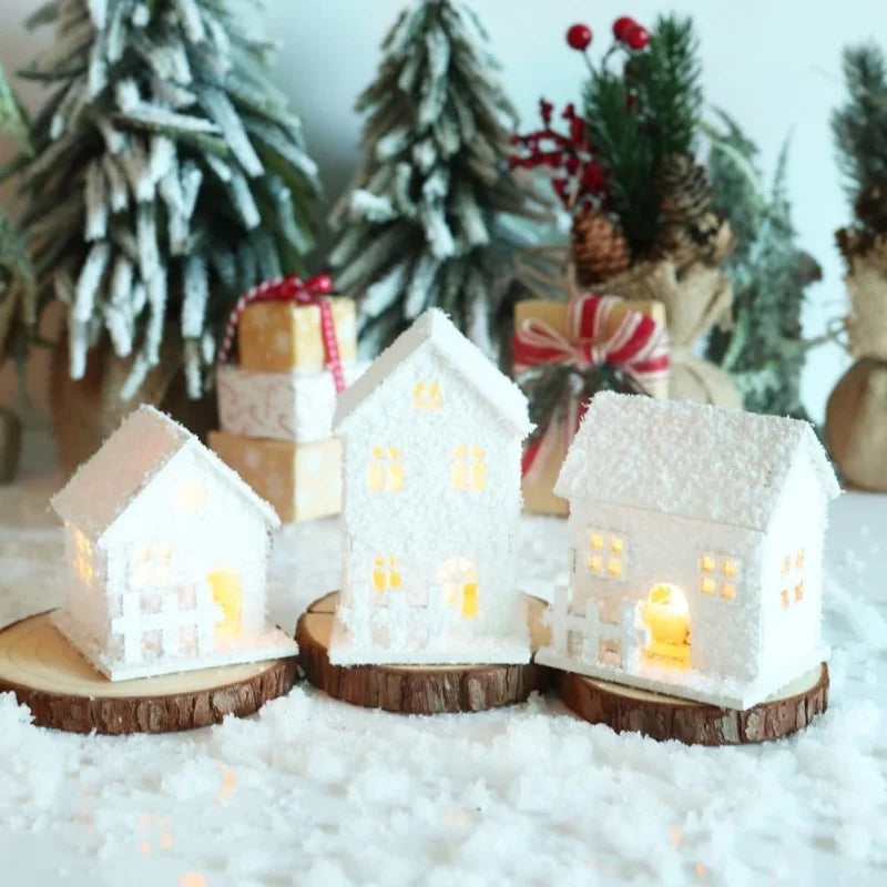 Led lighted christmas village houses xmas snow wooden winter building figurines holiday party decor - decorative