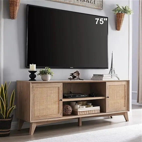 Tv stand for 75+ inch mid century modern entertainment center with natural rattan door storage shelves large boho media