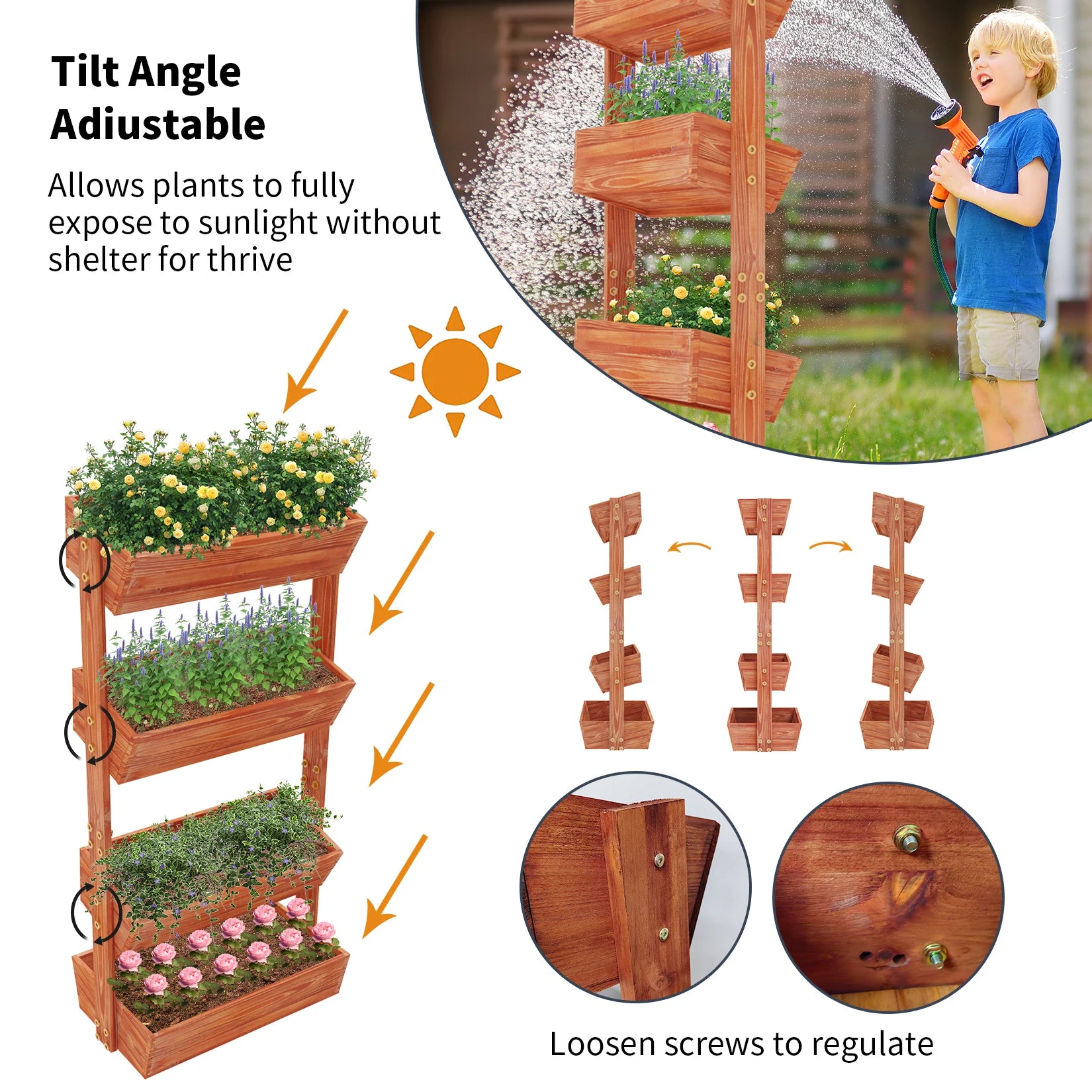 4-tier raised garden bed vertical flower pots rack with detachable ladder and adjustable shelf wooden elevated planters