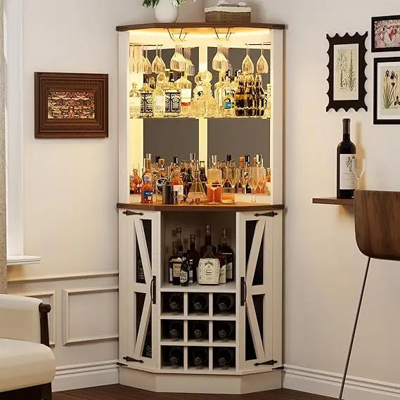Farmhouse corner bar cabinet,modern wood freestanding wine with storage and holder tall hutch cabinet for home displ
