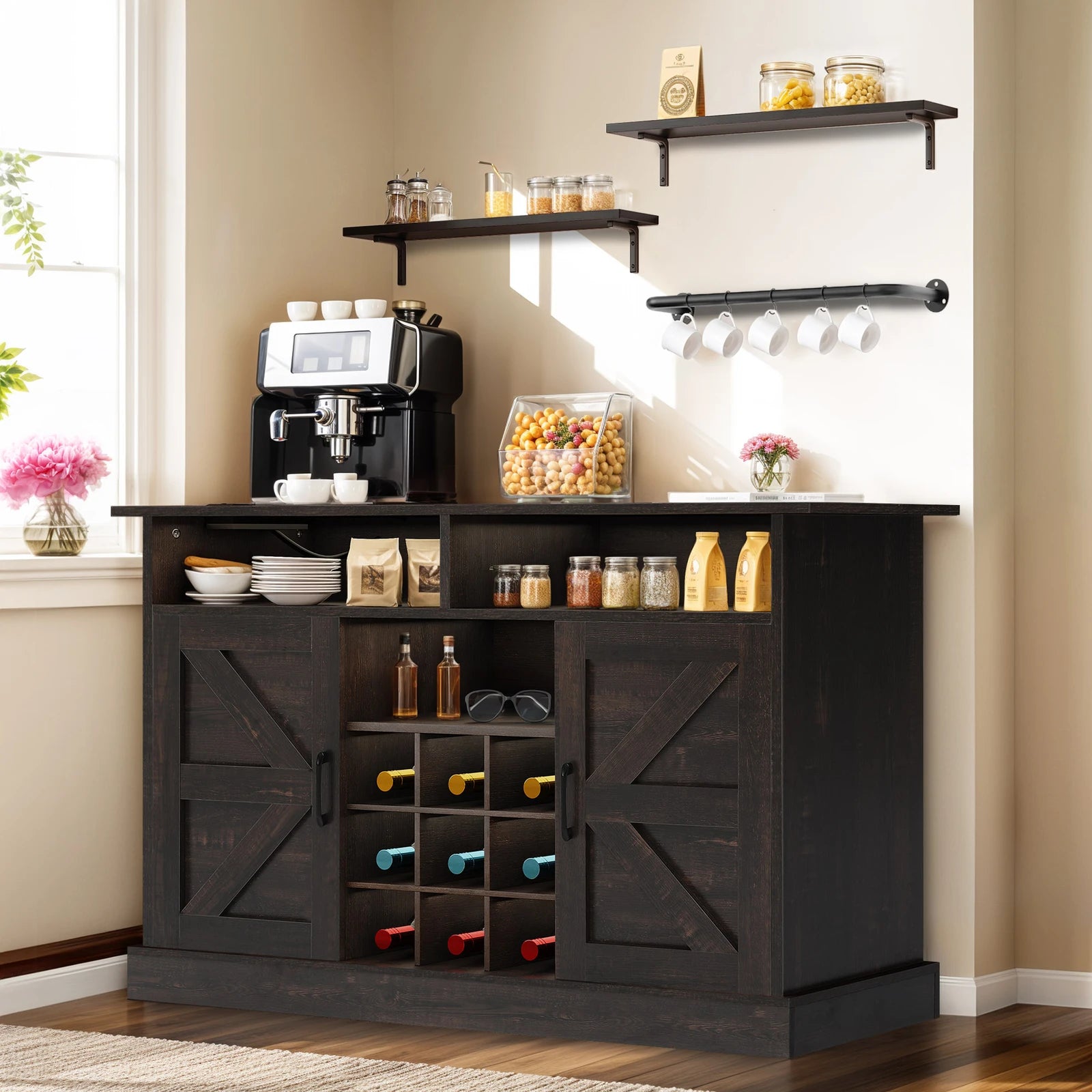 47’’ cabinet home bar liquor wine racks storage shelves wooden pantry living room - united states / brown - rack