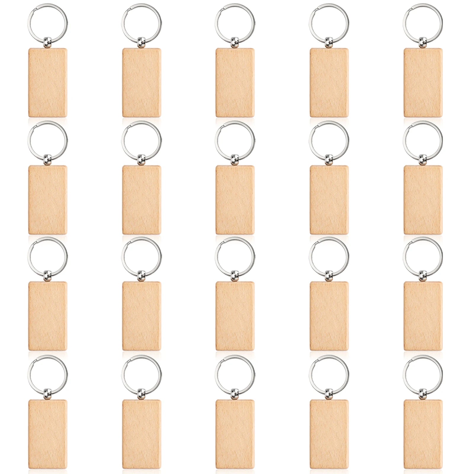 20pcs blank wooden key chain rectangle tags wood keychains ring for diy craft - rectangular