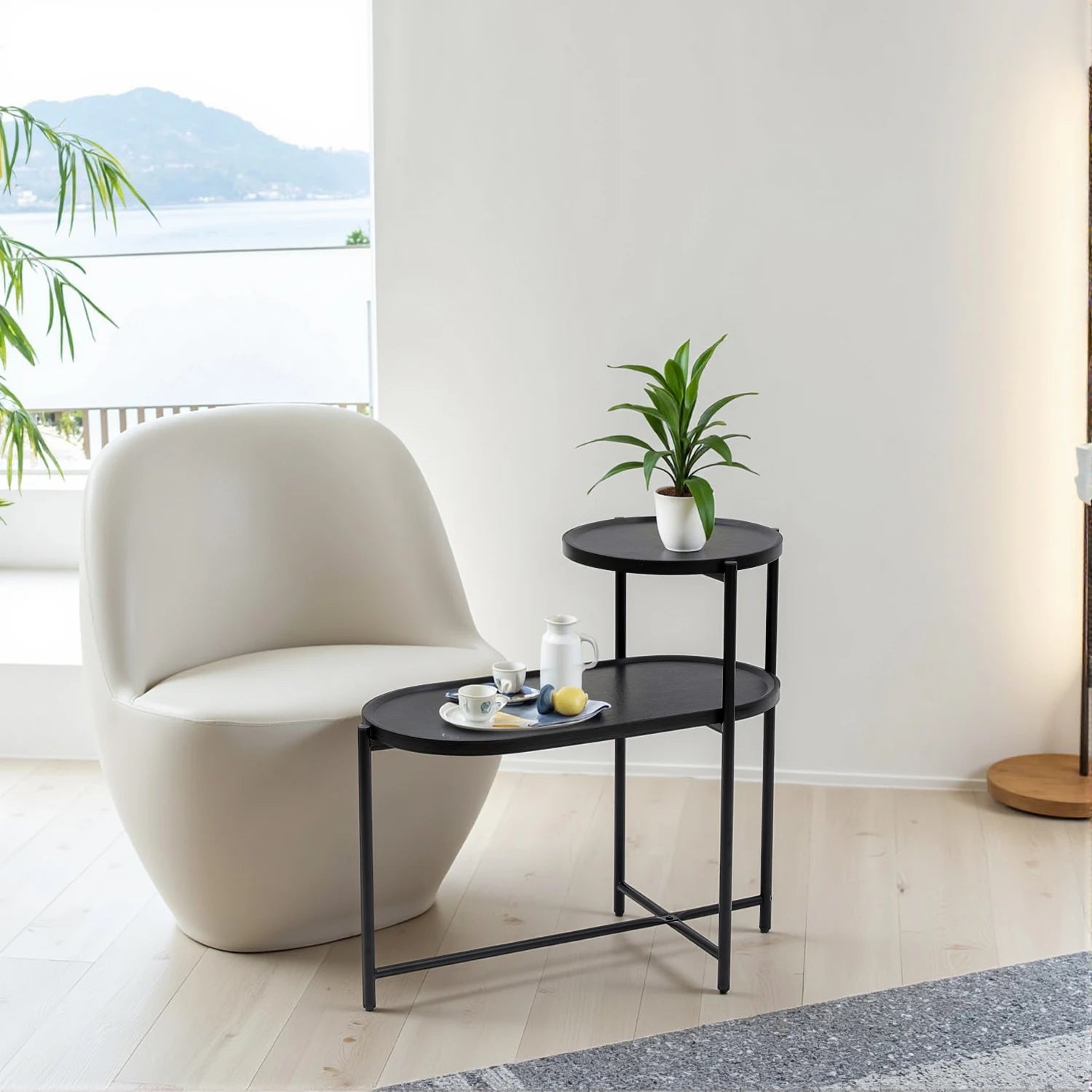 Round coffee table with storage tray 2 tier oval end tables wooden small side for living room - united states / walnut