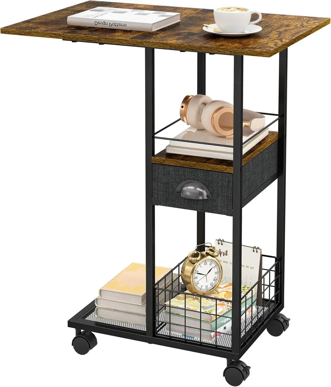 Rolling side table with wheels for sofa c shaped end tables living room bedside drawer - united states