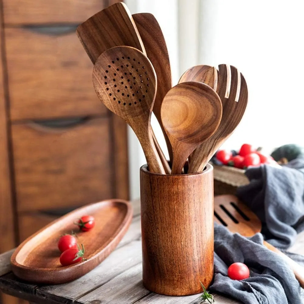 Ddjsj teak kitchen utensils,colander ladle skimmer scoop kitchenware dipping big wooden rice long handle natural