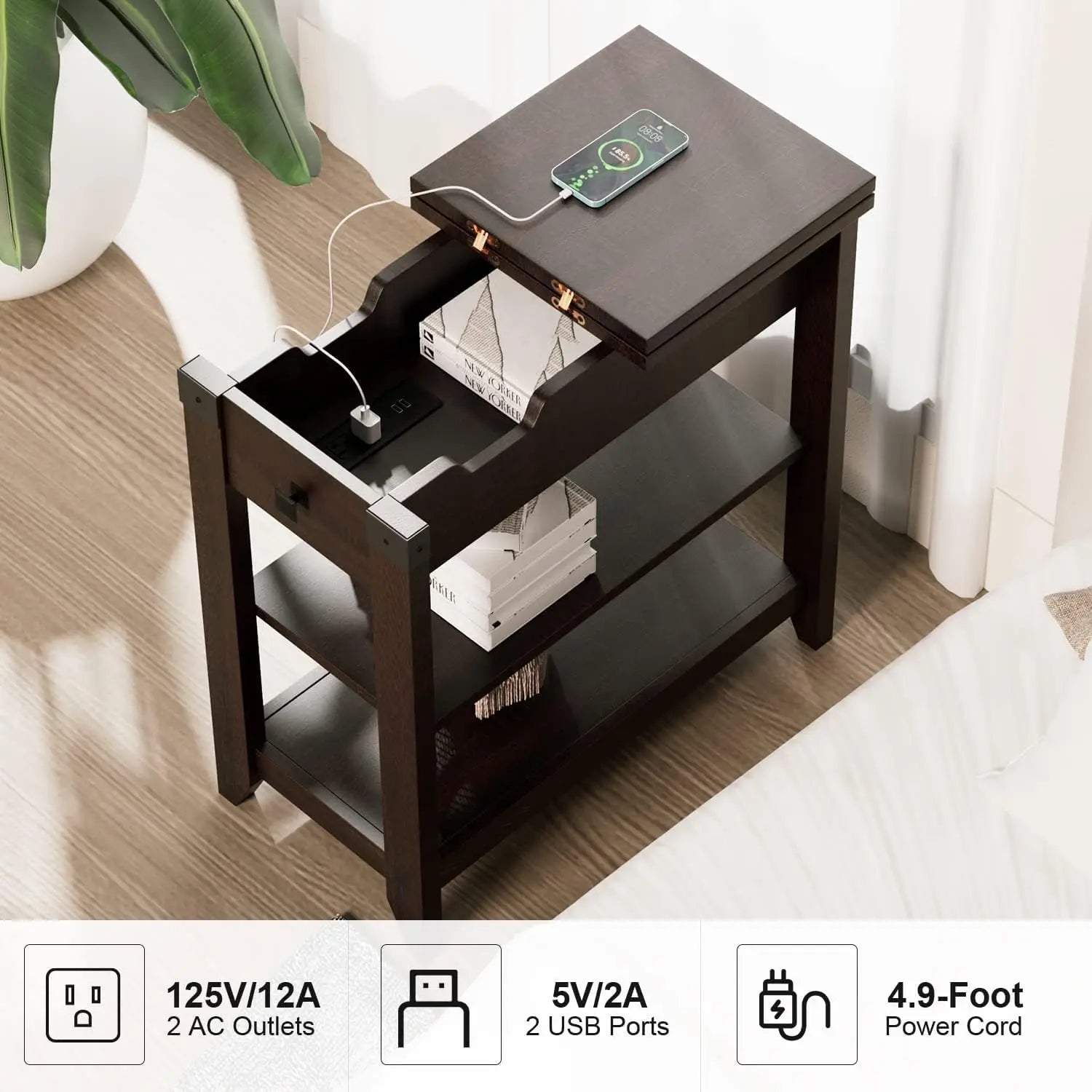 Vabches set of 2 end tables flip top side with charging station & open storage shelves wood coffee for living room
