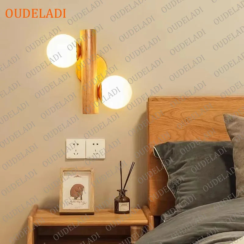 Oudeladi wooden wall lamps for living room bedside glass ball decor lamp stairs aisle rest area farmhouse background