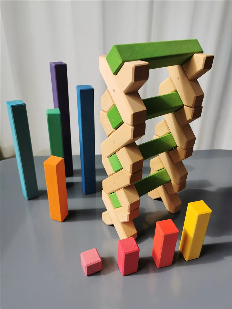 Large wooden building blocks set rainbow stacking counting timber square construction tube toys for kids educational
