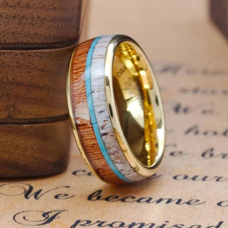 Fashion 8mm black stainless steel arrow rings for men hawaiian koa wood inlay wedding band jewelry wholesale - s18