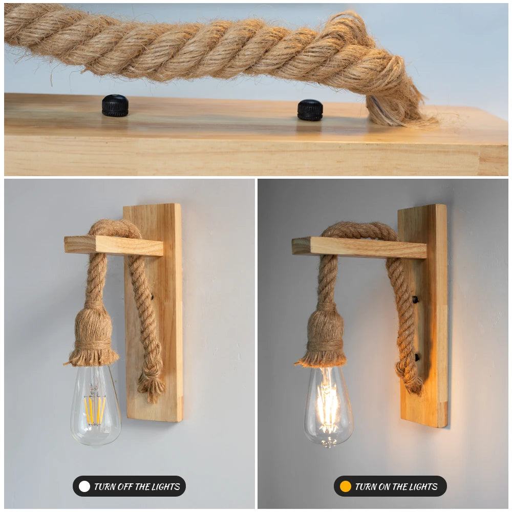 Retor hemp rope wood wall sconce lamps 110v 220v modern bedside light fixtures indoor bathroom room for home decor