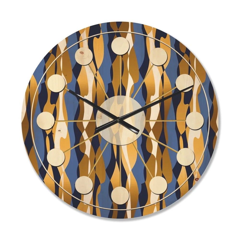 Mid-century modern wood wall clock retro blue gold art decor ready to hang unique design 100% natural pine easy install