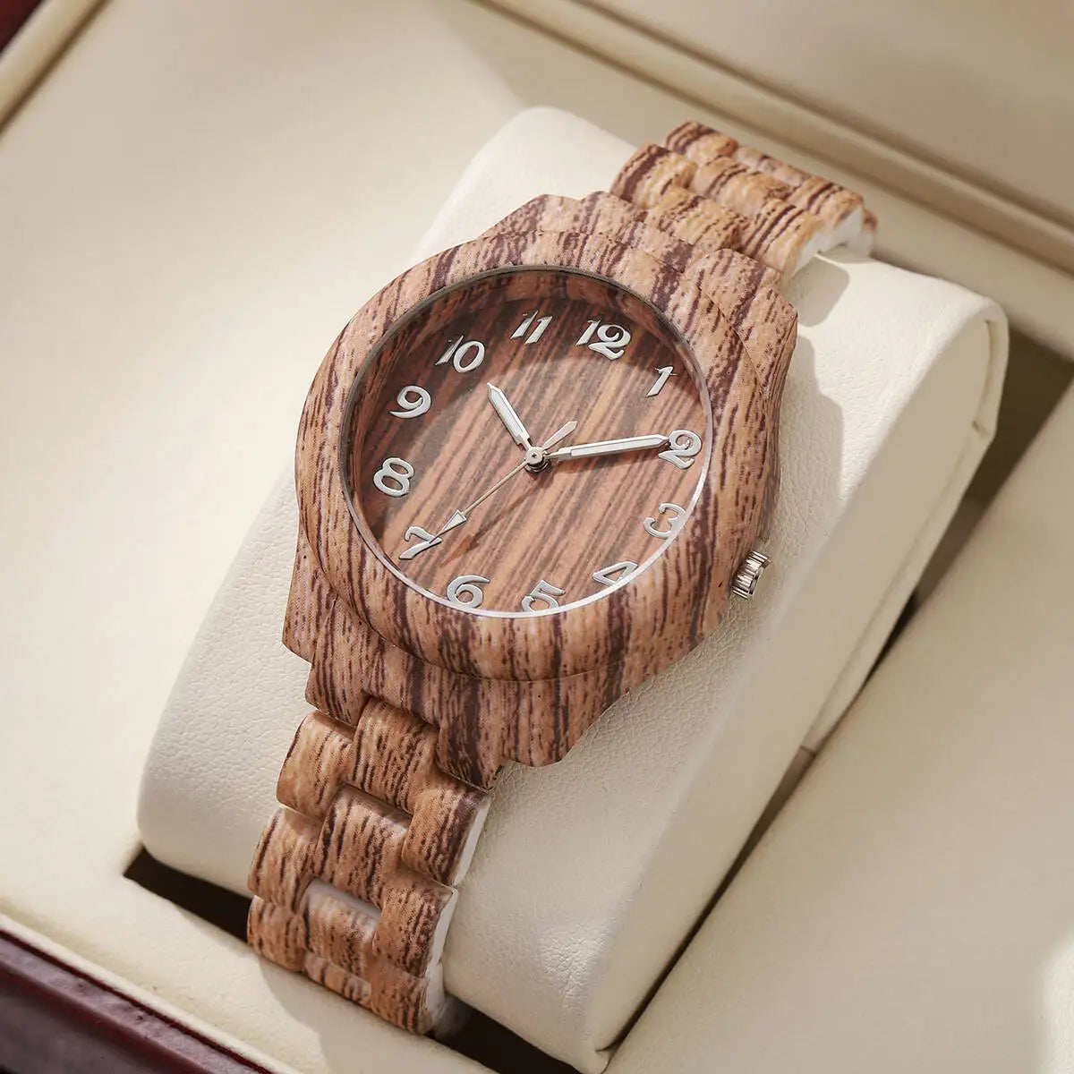 Fashion women watches casual wooden pattern plastic band quartz watch relogios feminino（without box） - brown without box