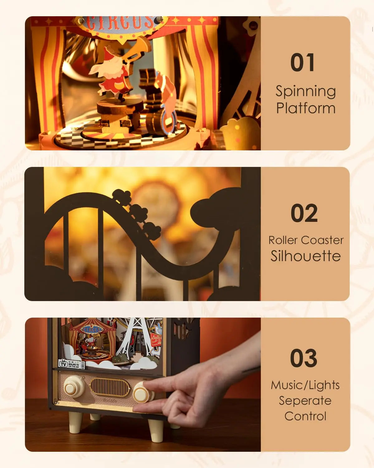 Robotime rolife sunset carnival 3d wooden puzzle music box with lights ferris wheel design home decor luxurious toy