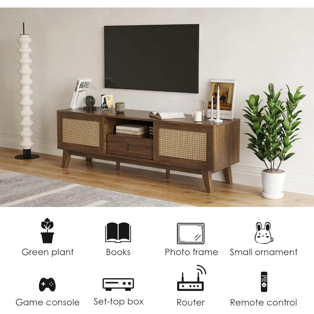 Rattan tv stand for tvs wood mid century modern media console with drawer and 2 cabinets boho