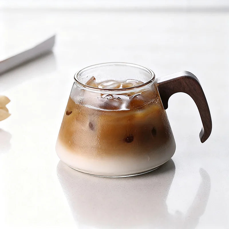 Bincoo 250ml heat resistant glass coffee cup with walnut wooden handle – durable barista latte kitchen espresso