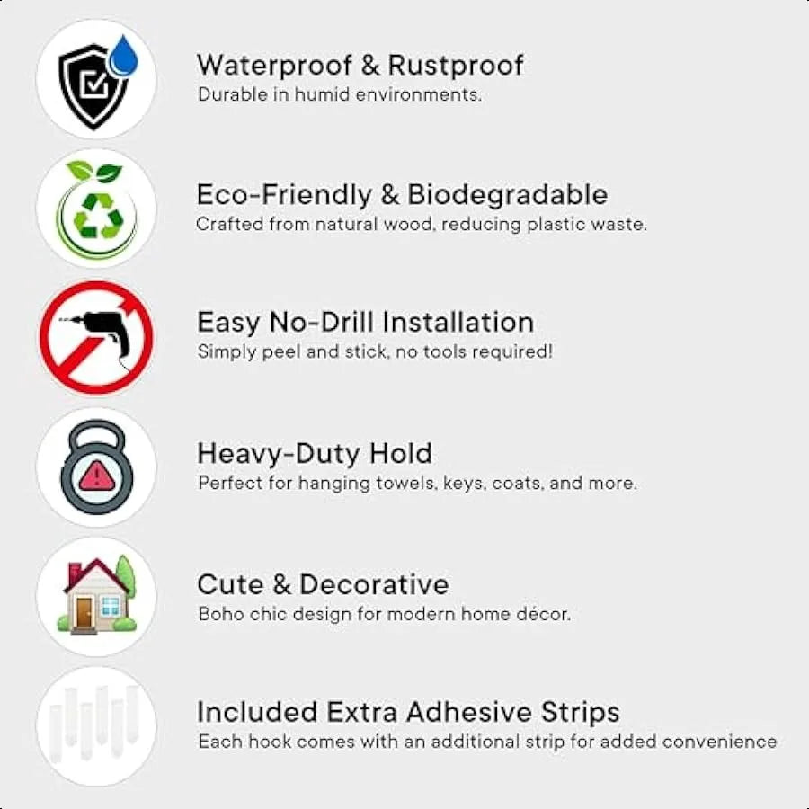 Boho decorative wood adhesive wall hooks for coats 3 6 strips waterproof rustproof towel holder nodrill hangers bathr