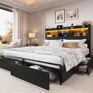 Wooden queen bed frame with 6 drawers headboard led lights and charging station - black / united states