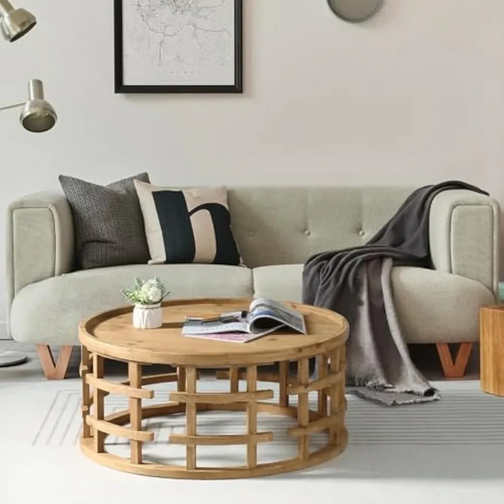 Farmhouse round coffee table french country sofa tables,rustic solid wood finish w/ openwork pattern & curved base