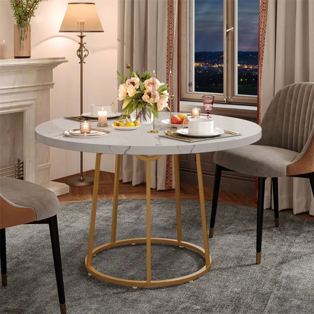 47.24 inch round dining table kitchen for 4 people wooden marble pattern dinner room with gold base home office - (a)