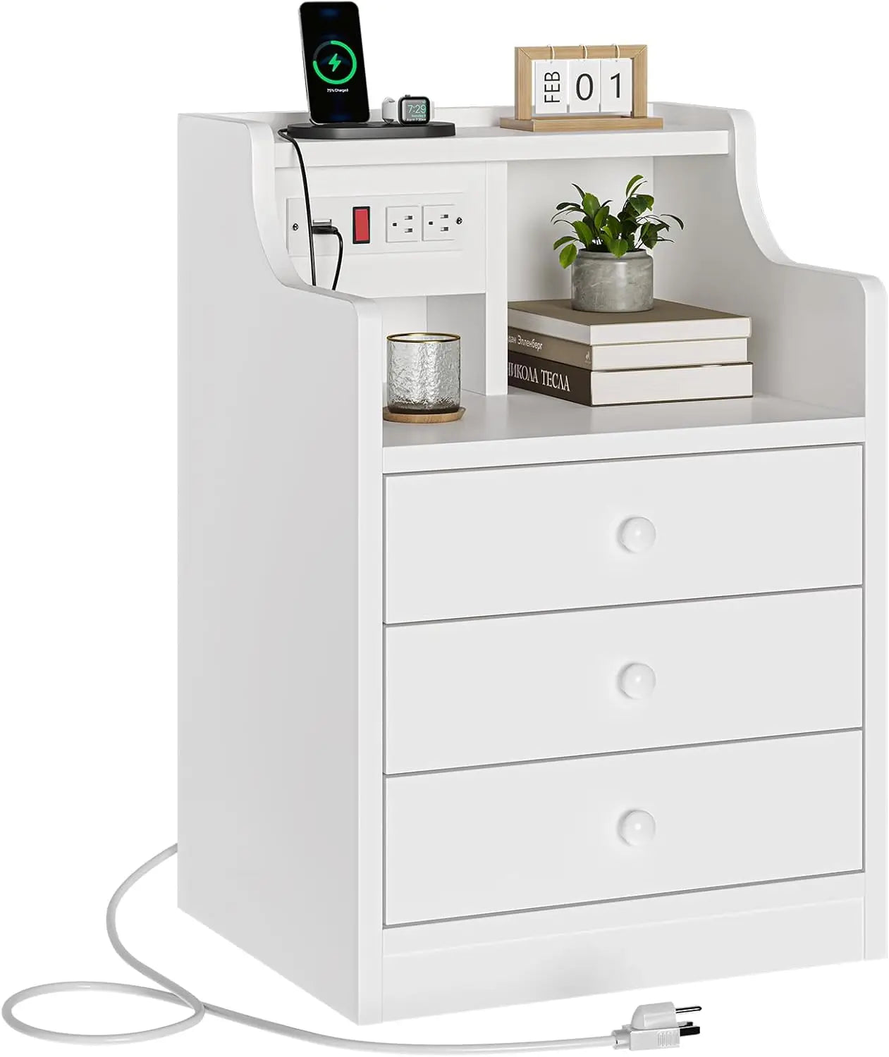 Nightstand with charging station night stand hutch & storage drawers end table side bedroom, - white / united states