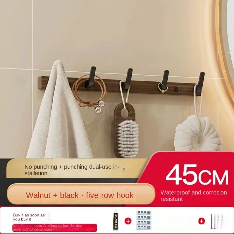 Walnut wood clothes hanging hook without punching wall cap holder door key - black-5 hooks