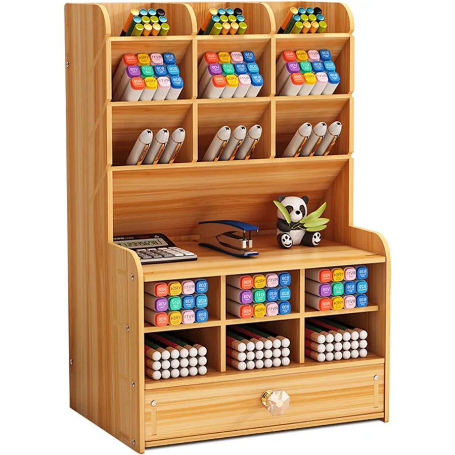 Wooden desk stationary organizer multi-functional pen holder storage rack for school home office art supplies