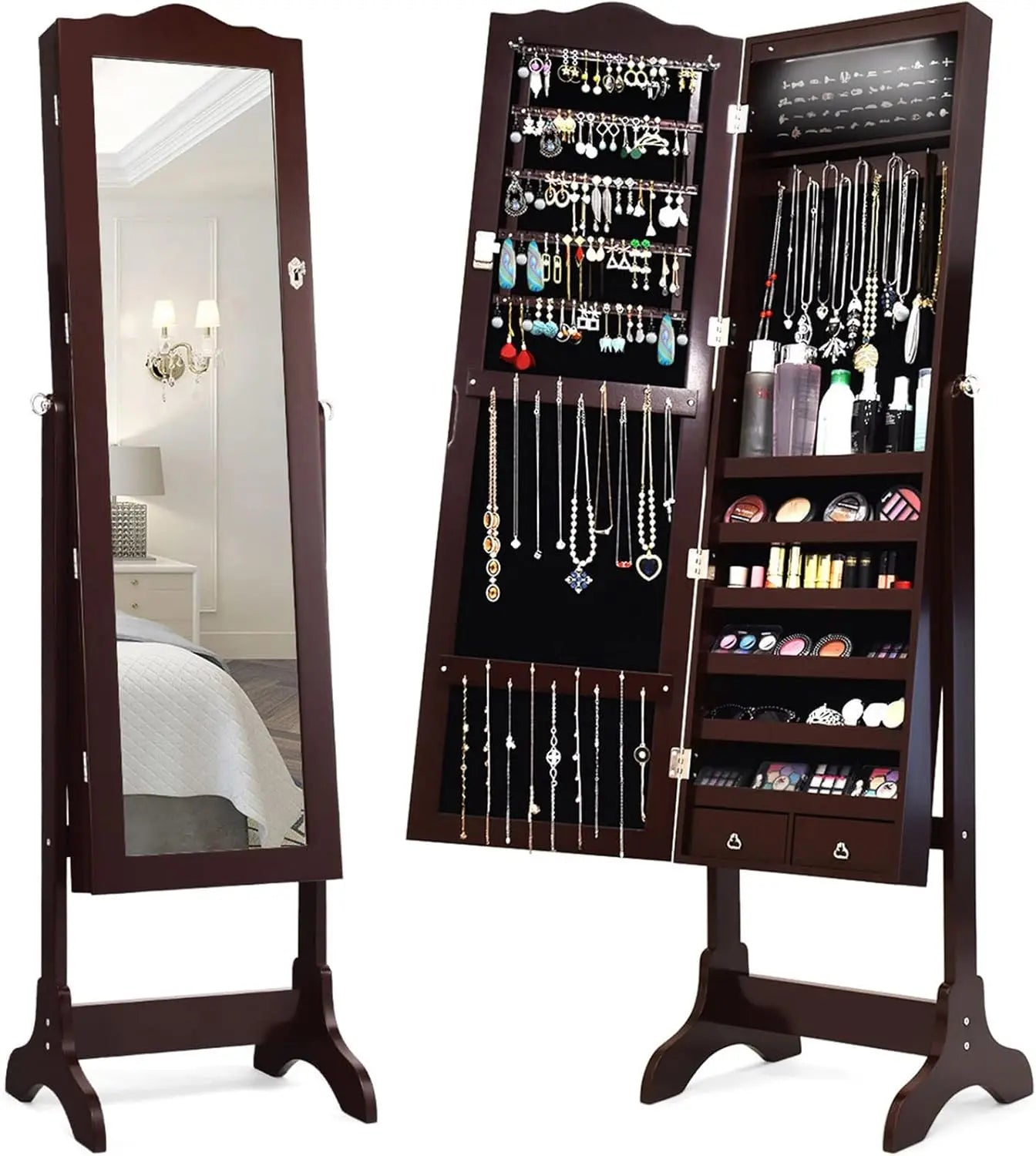 Jewelry armoire organizer with full length mirror 14 leds floor standing cabinet 2 drawers 4 adjustable angles - brown