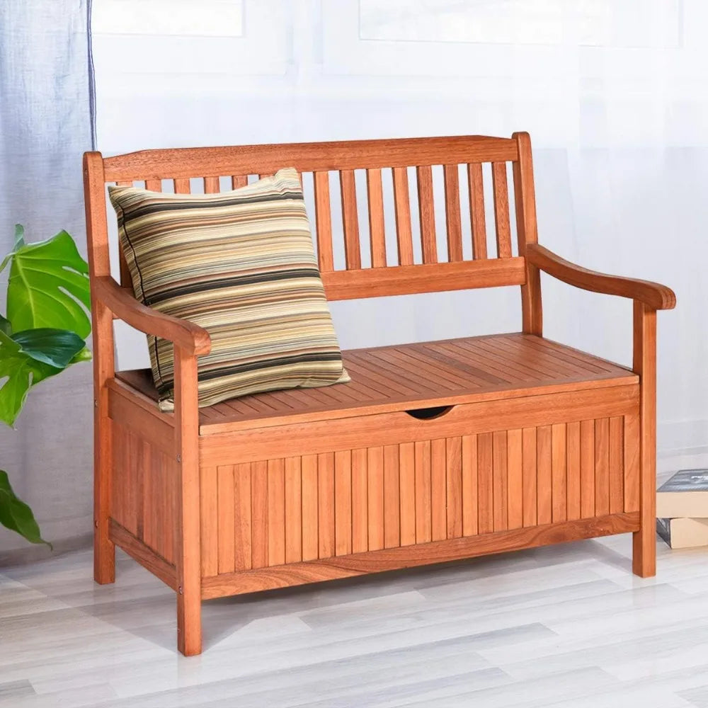 Wooden outdoor storage bench with removable lining and portable handle for deck entryway - united states / natural