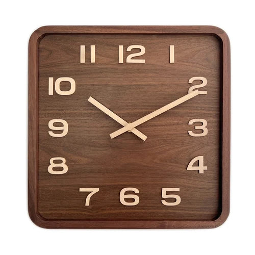 Solid wood square wall clock retro walnut silent chinese punch-free living room - color / 25cm x
