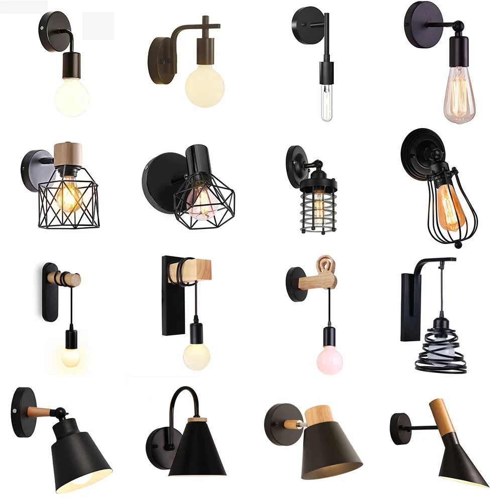 Nordic wood wall lights bedroom bedside lamp black creative modern e27 lamps suspension led home lighting sconce room