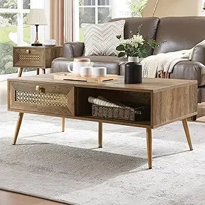 Wooden mid century modern coffee table retangle accent center with two drawers tables for living room white - rustic